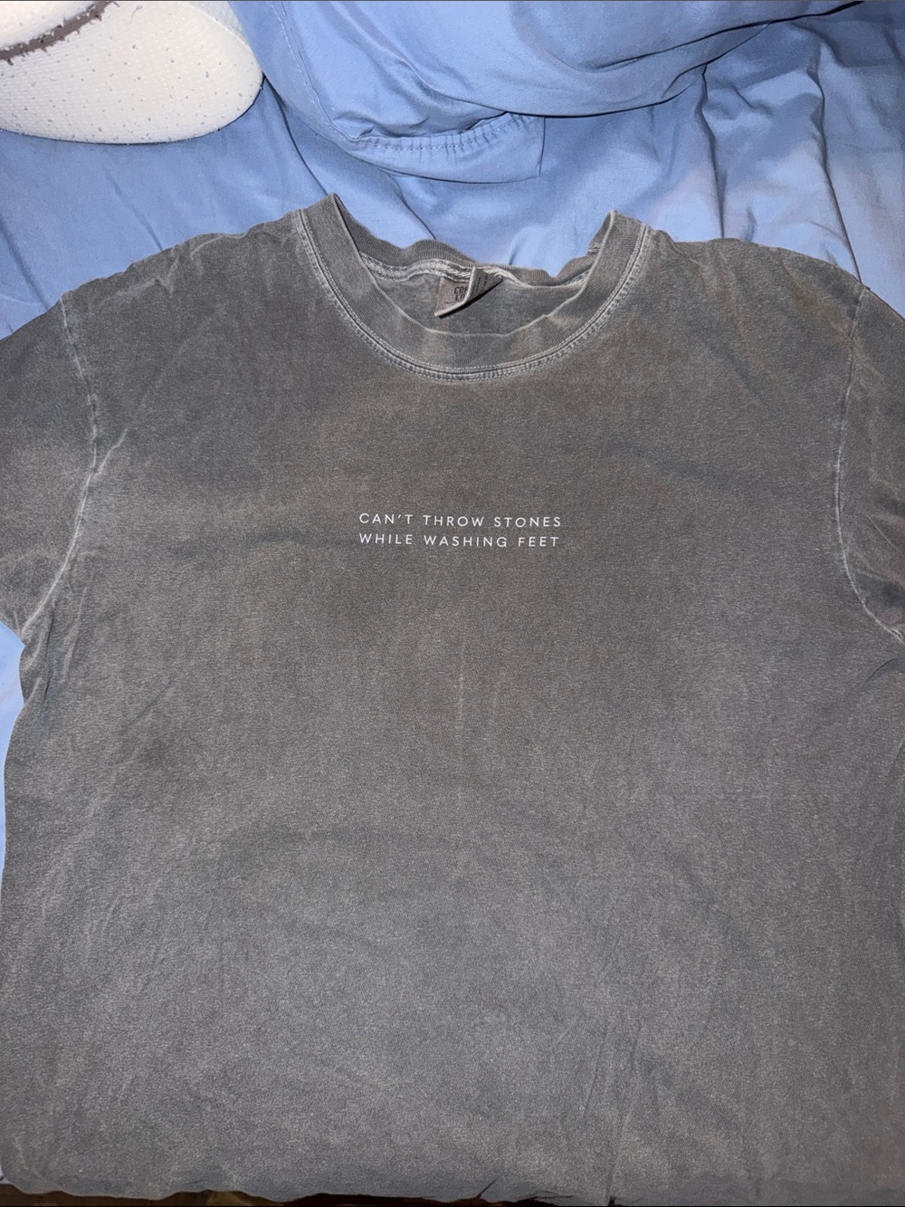 UNISEX LARGE Graphic Crewneck T-Shirt - Washed Charcoal CAN’T THROW STONES